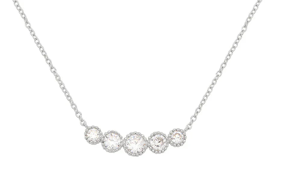 Simulated Round Cubic Zirconia Five Stone Bar Pendant 19" 14k White Gold Plated
